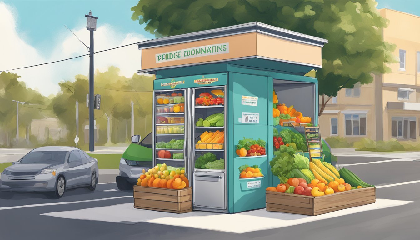 A sunny day in Clearwater, FL. A community fridge stands on a street corner, filled with fresh produce and labeled with donation guidelines