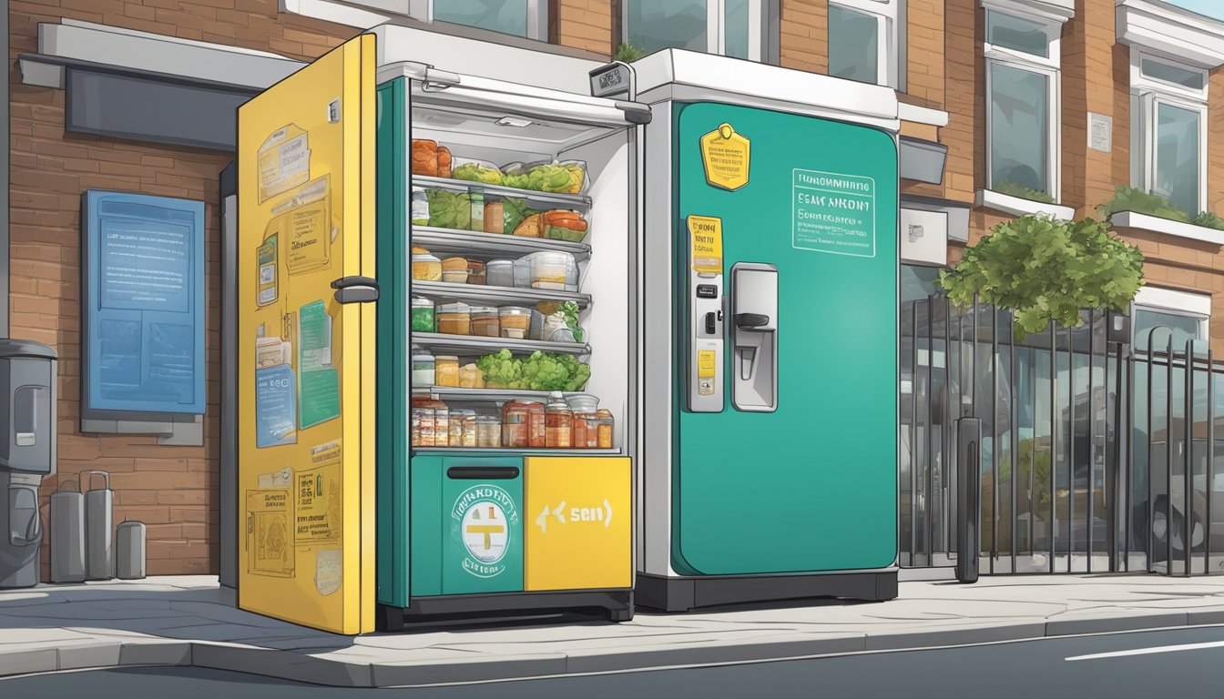 A community fridge surrounded by health and safety signs, located in a bustling urban area