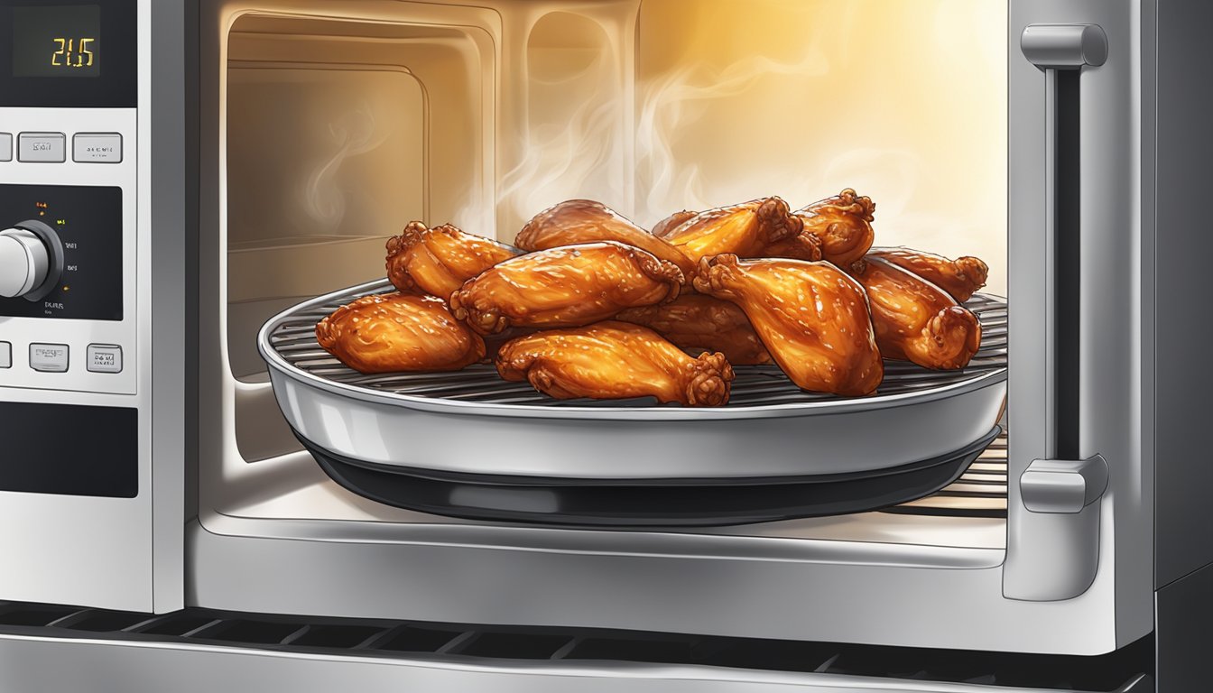 A plate of BBQ chicken wings being reheated in a microwave