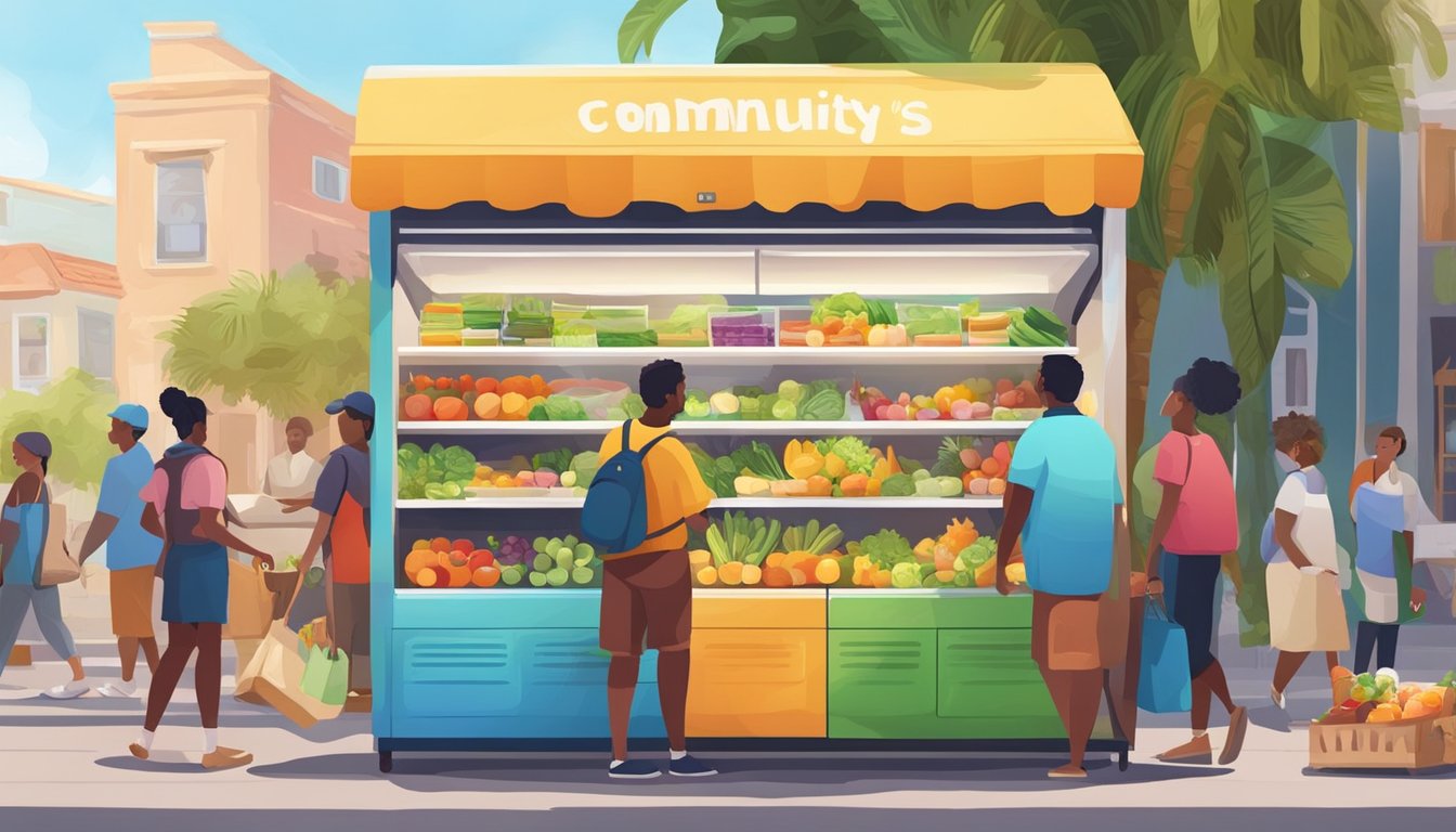 A colorful community fridge stands on a palm-lined street, filled with fresh produce and food items. Nearby, people chat and exchange items