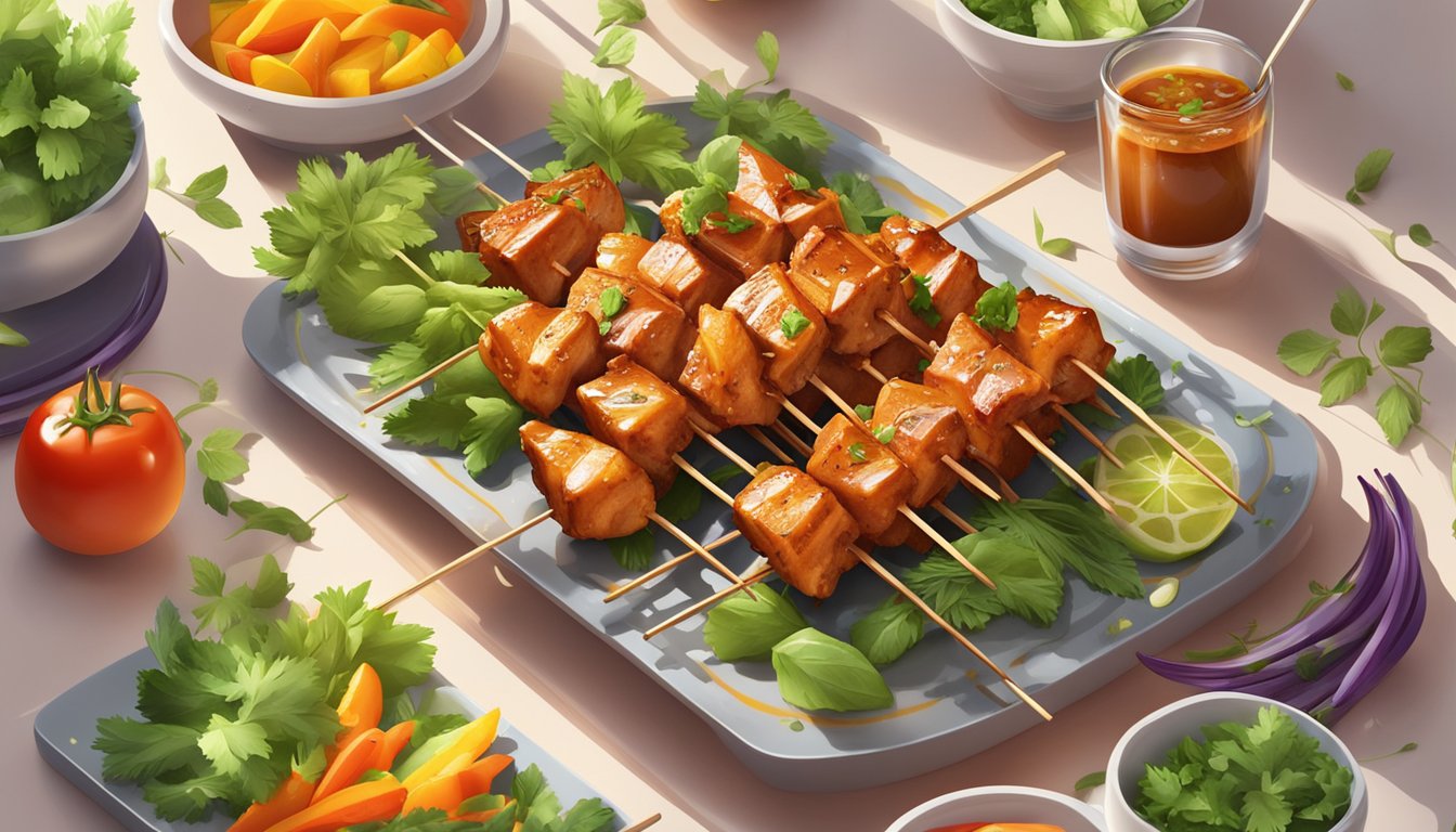 A platter of BBQ chicken skewers surrounded by fresh herbs and colorful vegetables, with a light glaze glistening in the sunlight