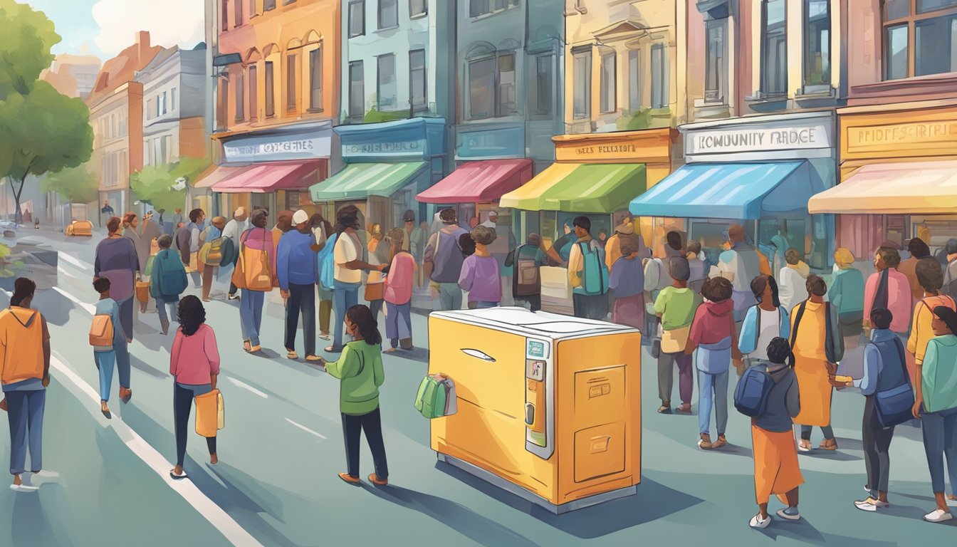 A bustling city street with a colorful, community fridge surrounded by people donating and taking food. Nearby, a guide to local community fridges