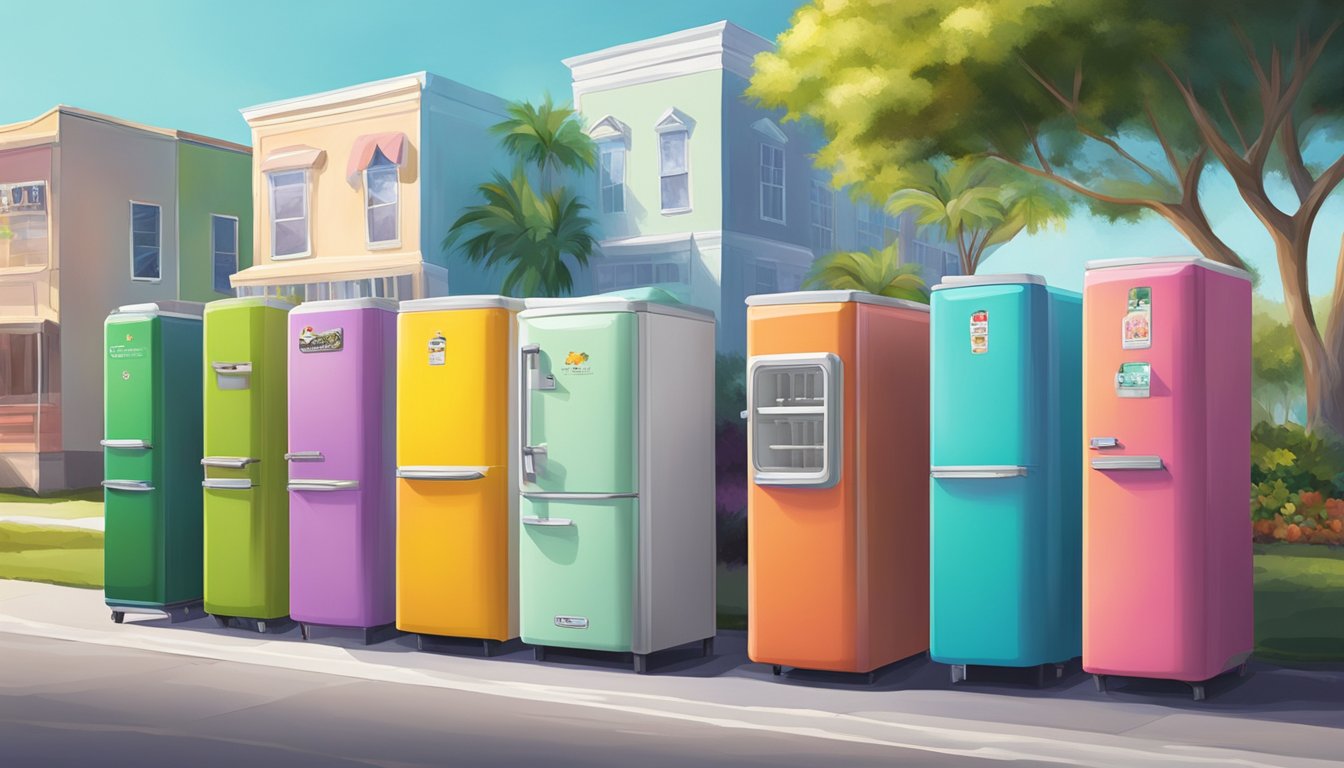 A row of colorful community fridges with various food items inside, set against a backdrop of buildings and trees in Clearwater, FL