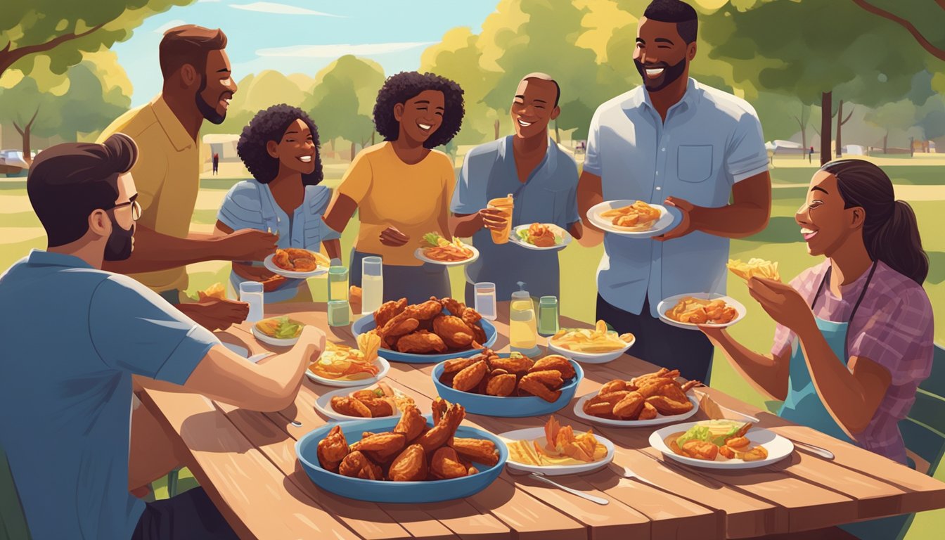 A plate of BBQ chicken wings sits on a picnic table, surrounded by friends and family enjoying a sunny outdoor gathering