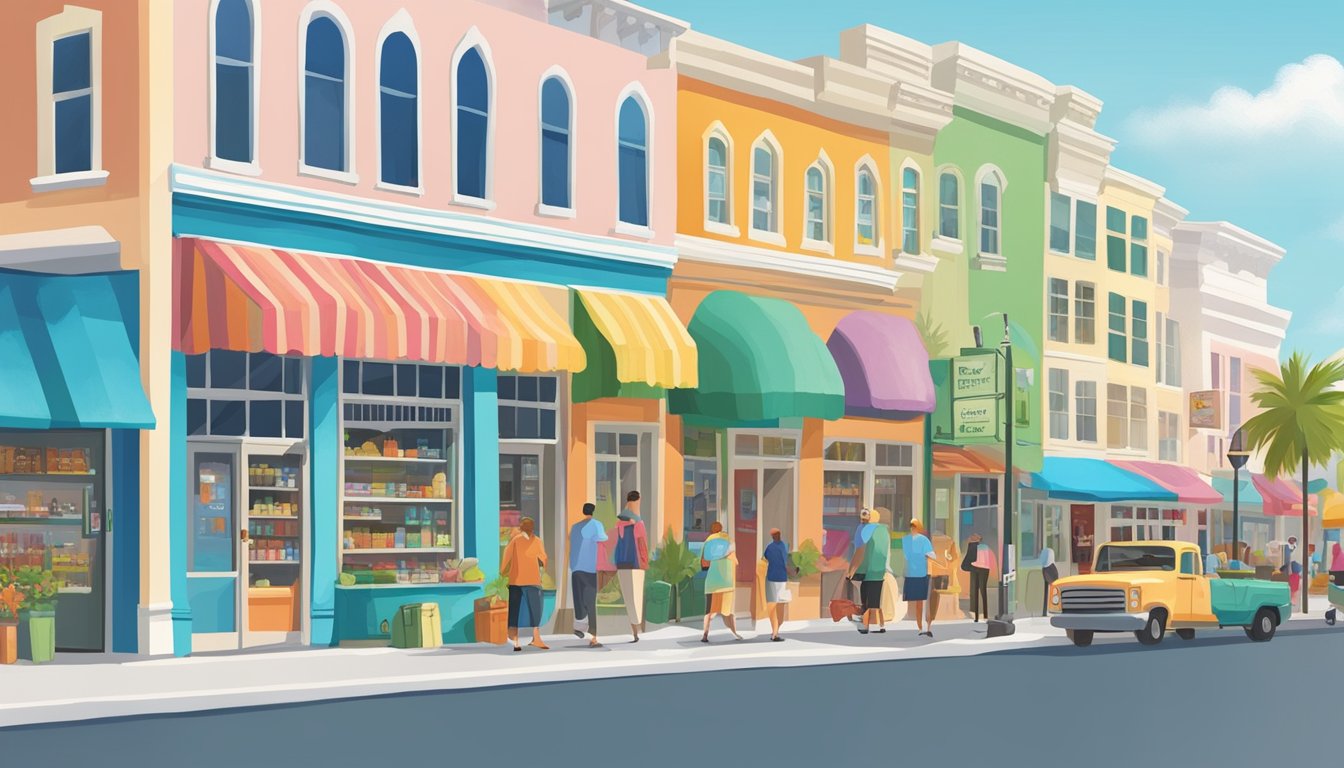 A bustling street in Clearwater, FL, with a row of local businesses and a colorful community fridge guide prominently displayed