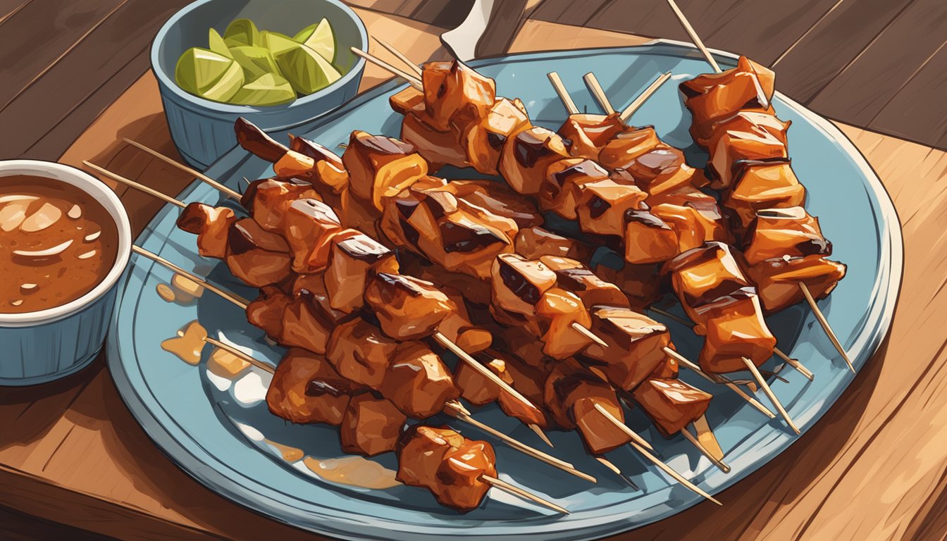 A plate of BBQ chicken skewers sits on a wooden cutting board, covered in plastic wrap, next to a bowl of marinade and a container of skewers