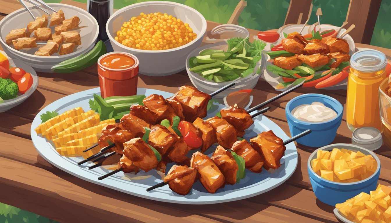 A plate of BBQ chicken skewers sits on a picnic table, surrounded by condiments and utensils. The skewers are glistening with glaze and topped with colorful vegetables