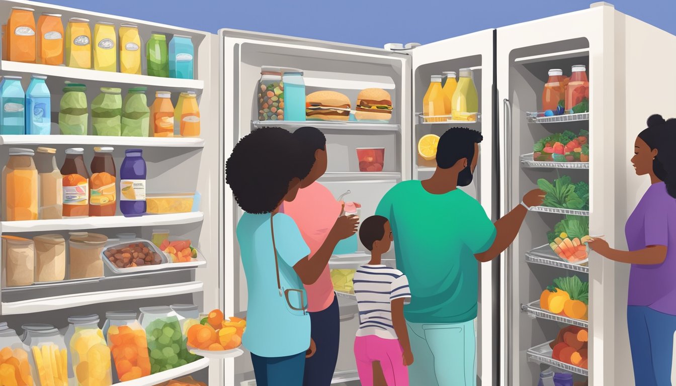 A diverse group of people placing food and drinks inside a brightly painted community fridge in Palm Bay, Florida