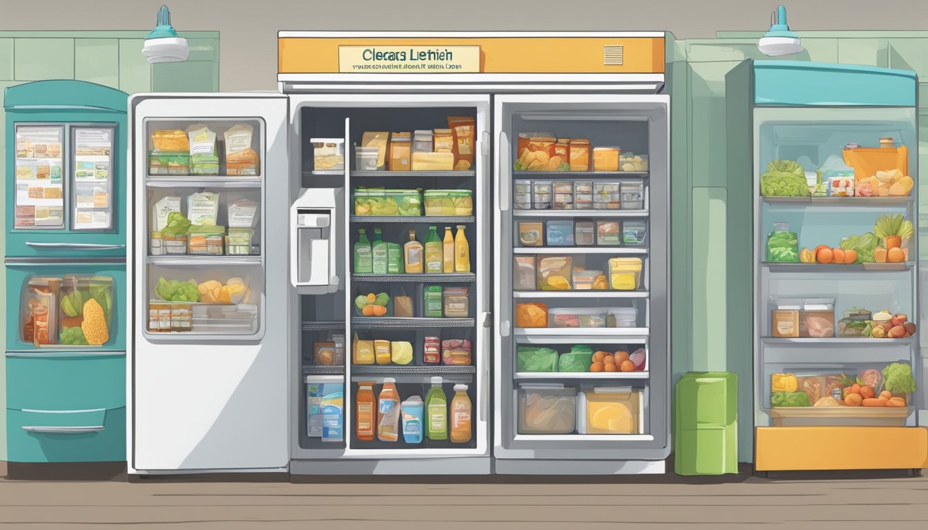 A clearwater, FL community fridge with a variety of food items, surrounded by signs promoting legal and ethical considerations