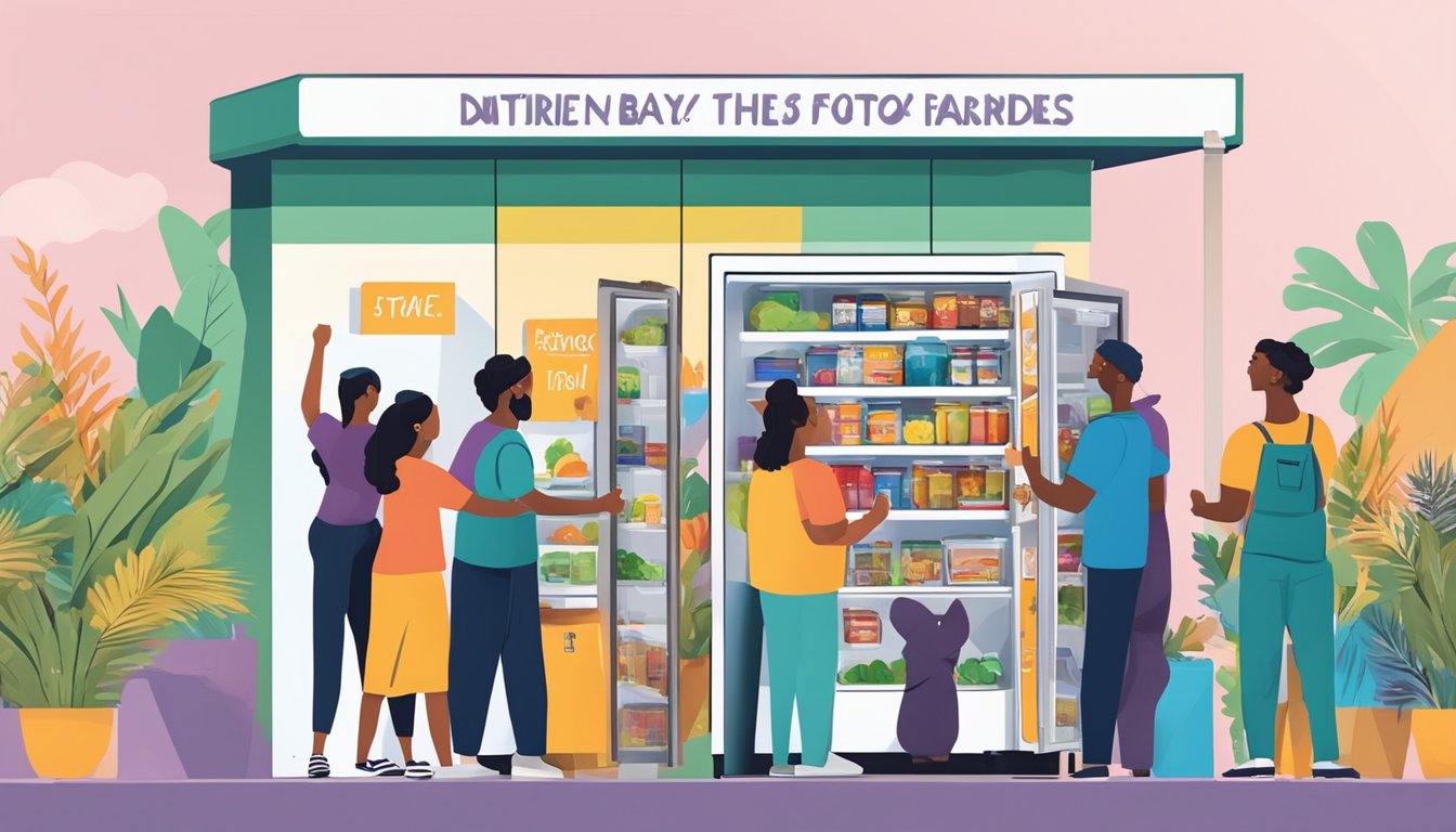 A colorful community fridge surrounded by diverse people donating and taking food, with a sign promoting the movement in Palm Bay, FL