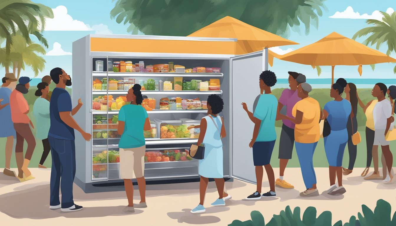 A clearwater, FL local community fridge surrounded by diverse individuals exchanging food and goods