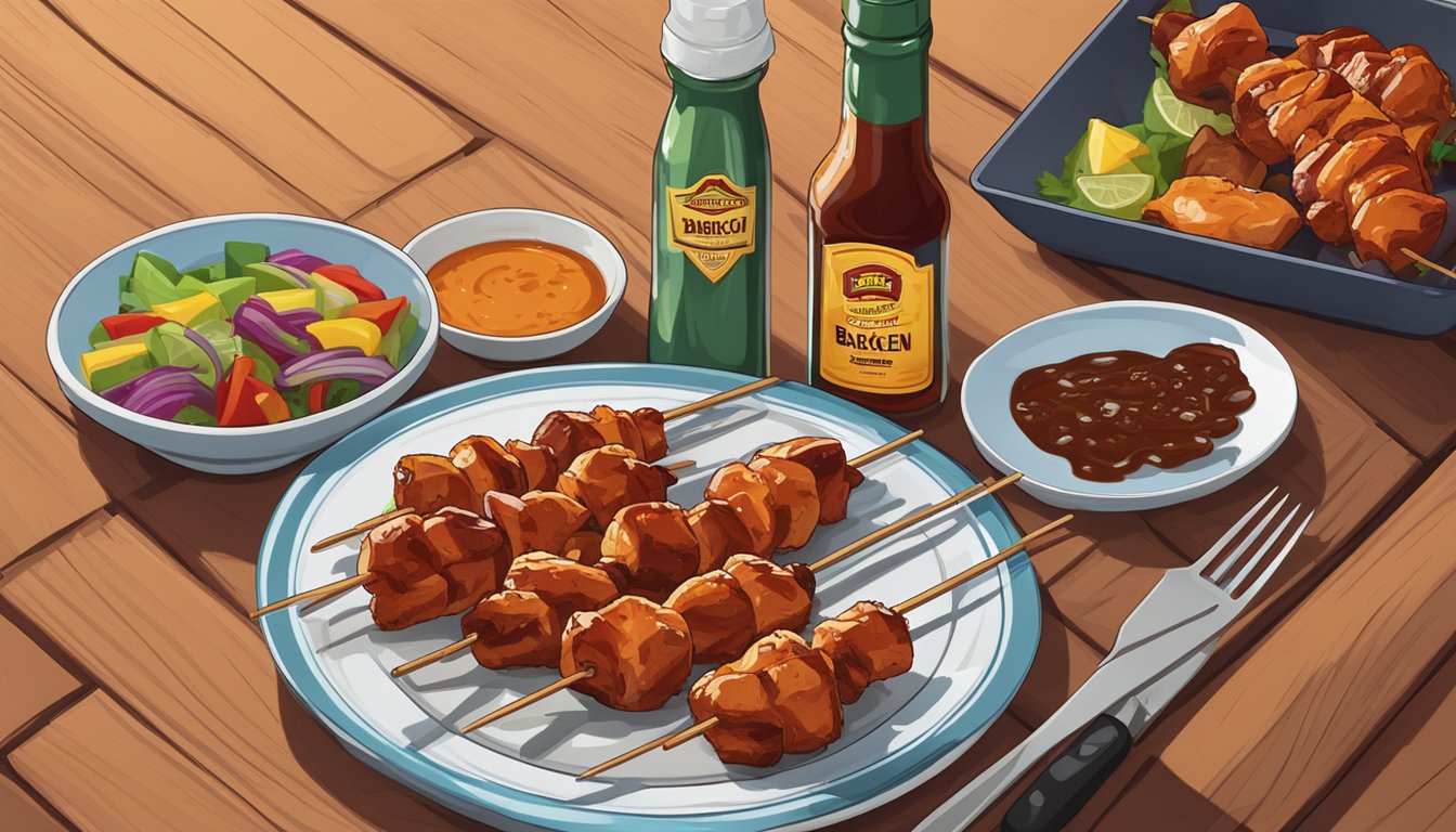 A plate of BBQ chicken skewers sits on a wooden table, surrounded by colorful napkins and a bottle of barbecue sauce