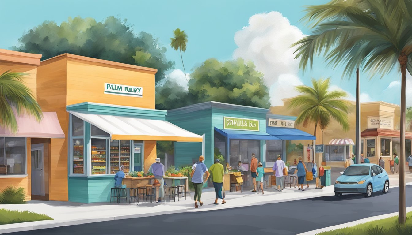 A bustling street corner in Palm Bay, Florida, with a colorful community fridge serving as a hub of activity for locals