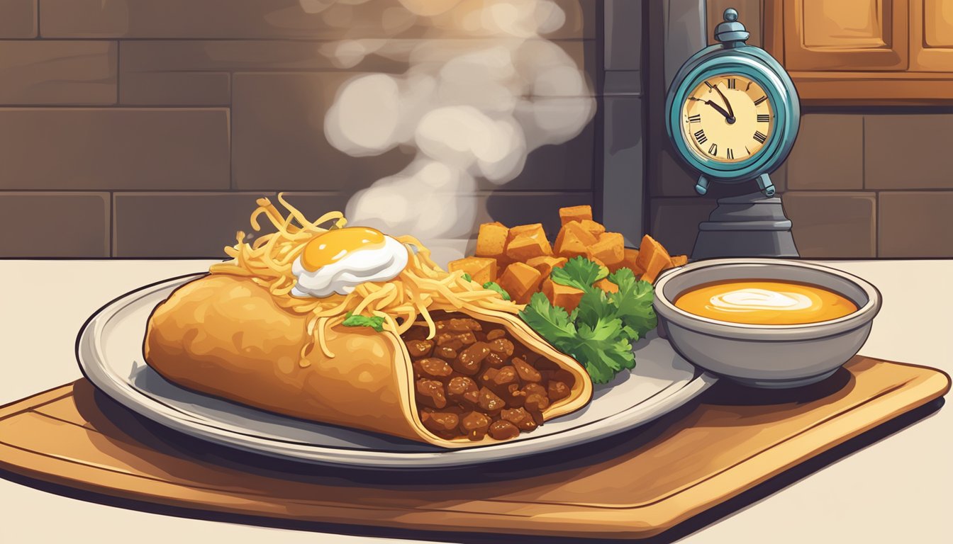 A sizzling beef and cheese chimichanga sits on a plate, steam rising from its crispy golden shell. A clock on the wall shows the passage of time