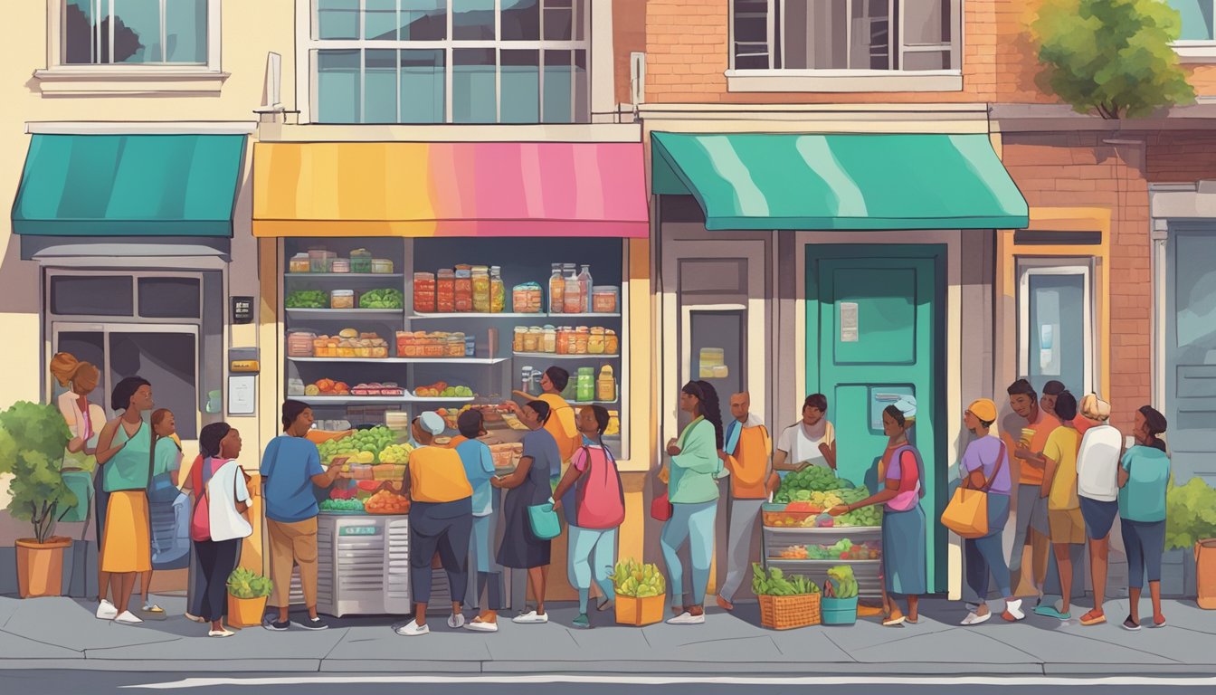 A bustling street corner with a colorful community fridge surrounded by people exchanging food items