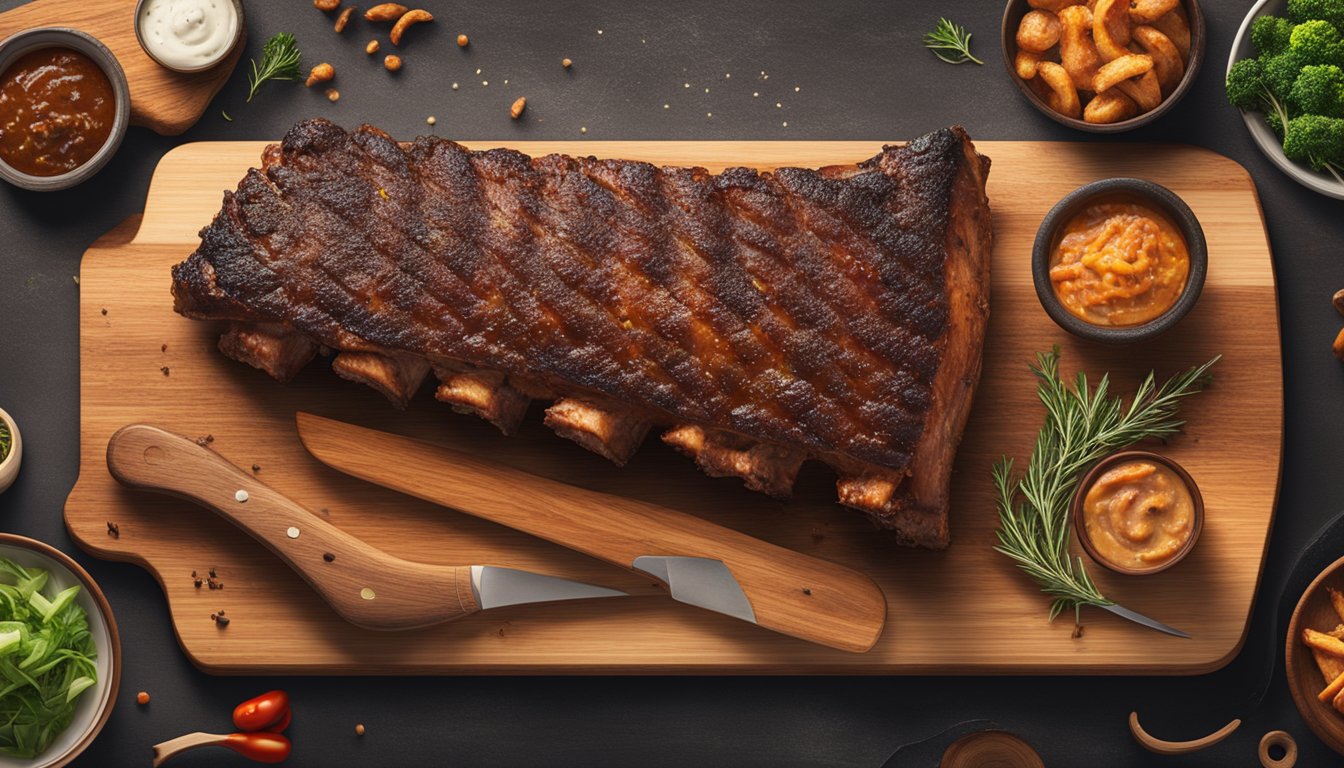 A rack of BBQ ribs sits on a grill, surrounded by smoky tendrils. Various types of ribs are displayed on a wooden cutting board nearby