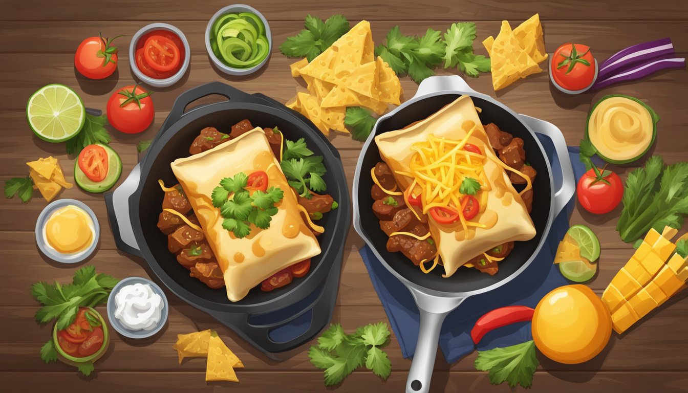 A sizzling skillet with two golden chimichangas, one filled with beef and the other with melted cheese, surrounded by colorful garnishes