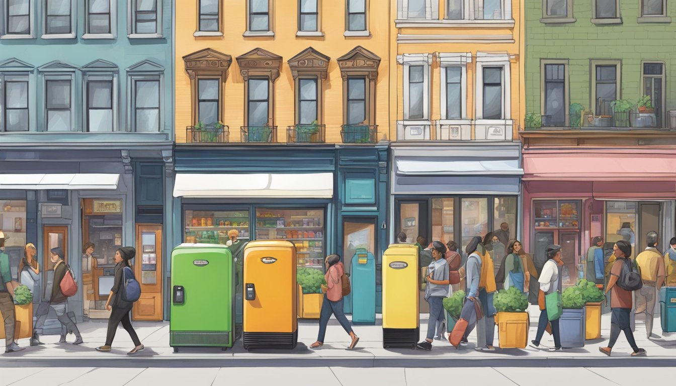 A bustling city street with colorful community fridges, easily accessible to pedestrians and surrounded by diverse local businesses