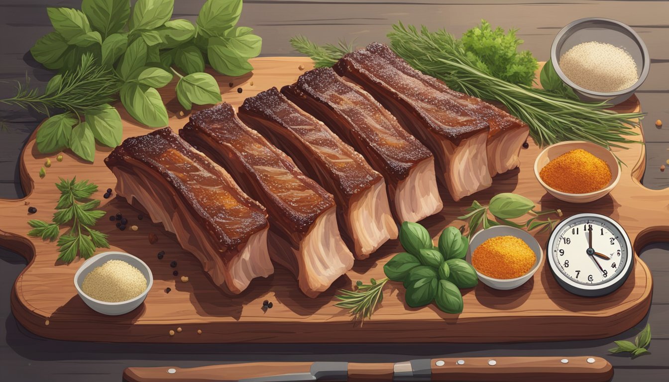 A rack of raw ribs sits on a wooden cutting board, surrounded by fresh herbs and spices. A timer on the counter indicates the passage of time