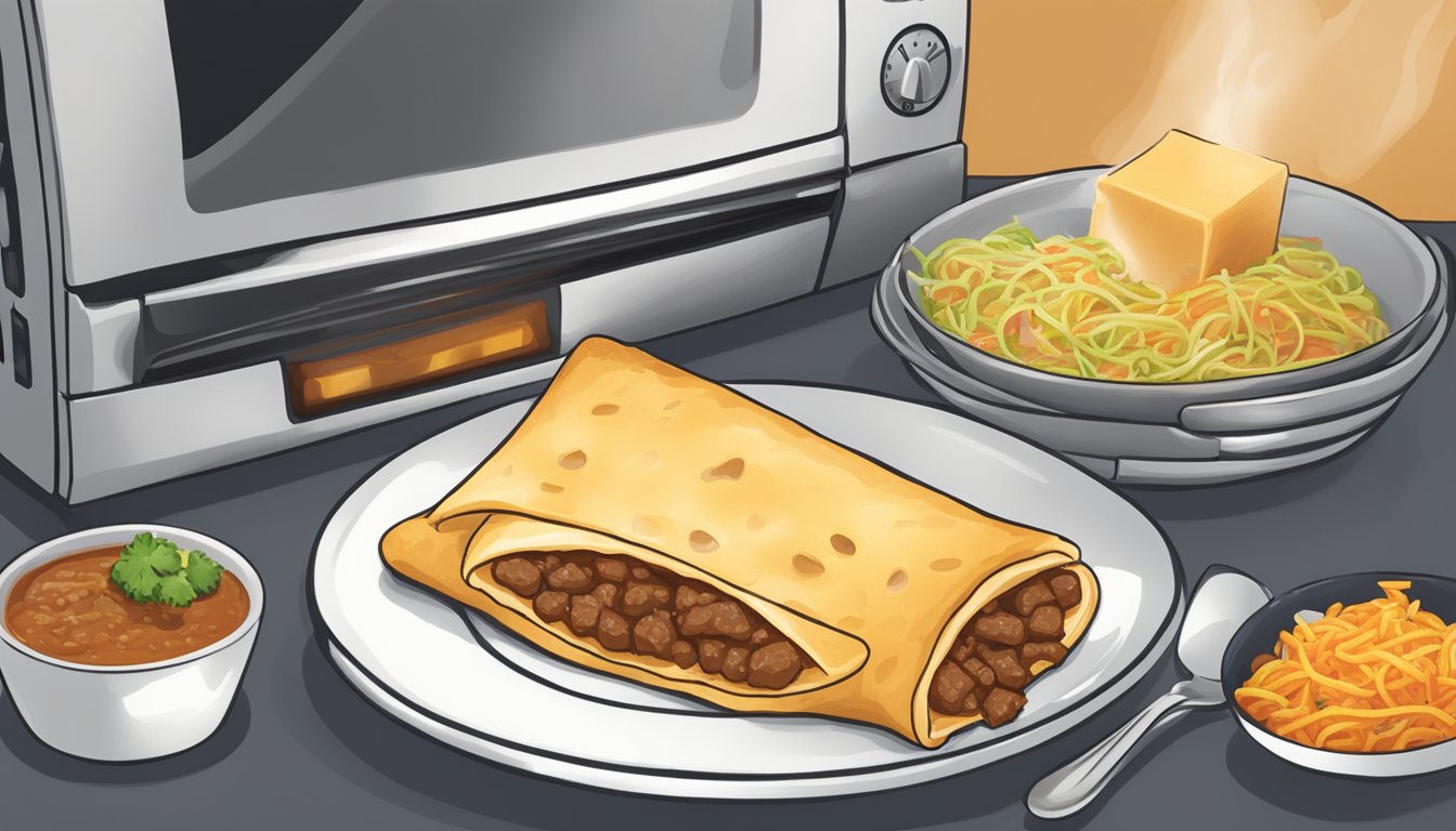 A plate of beef and cheese chimichangas being microwaved