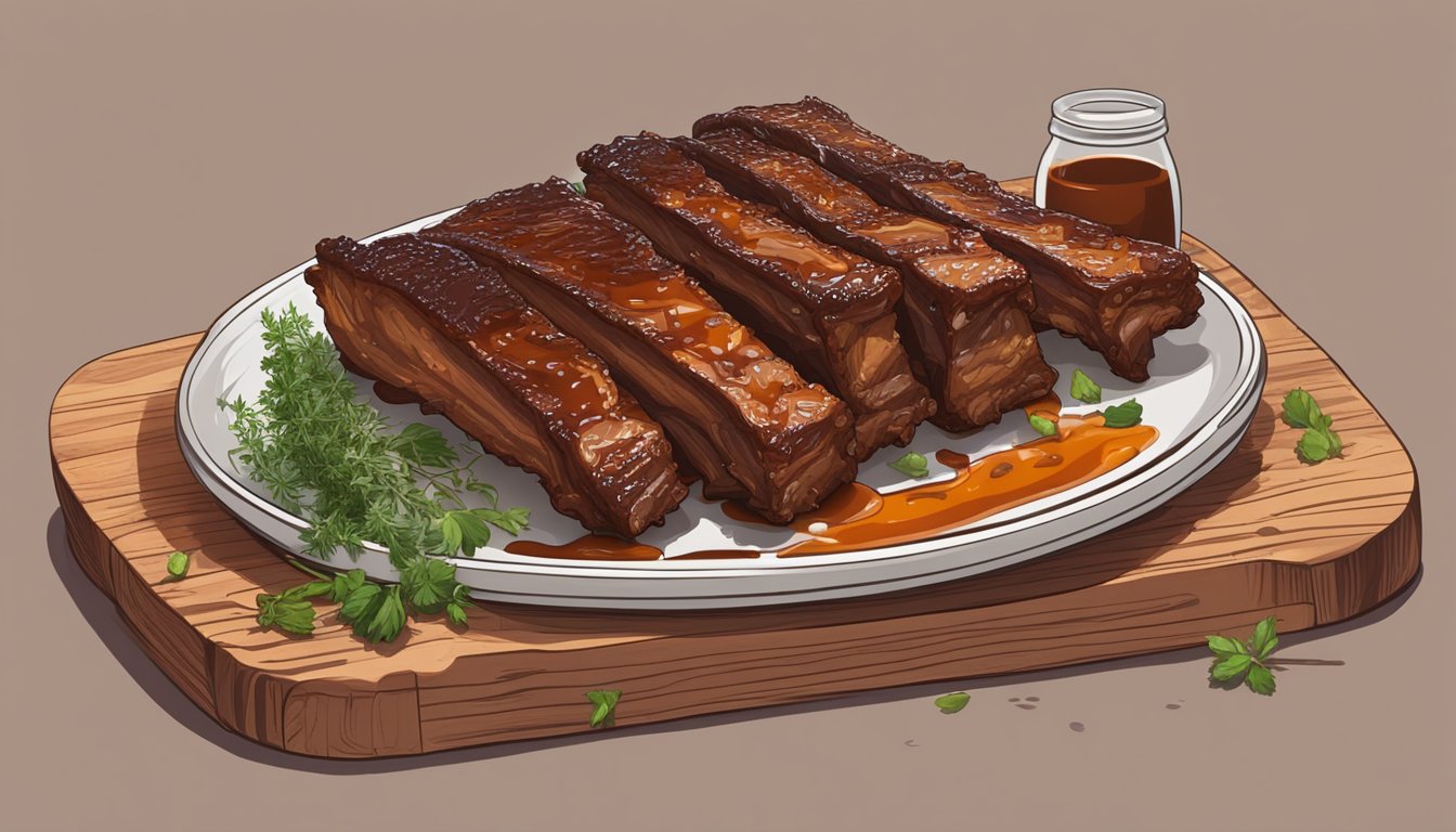 A plate of cooked ribs sits on a wooden cutting board, surrounded by barbecue sauce and garnished with fresh herbs