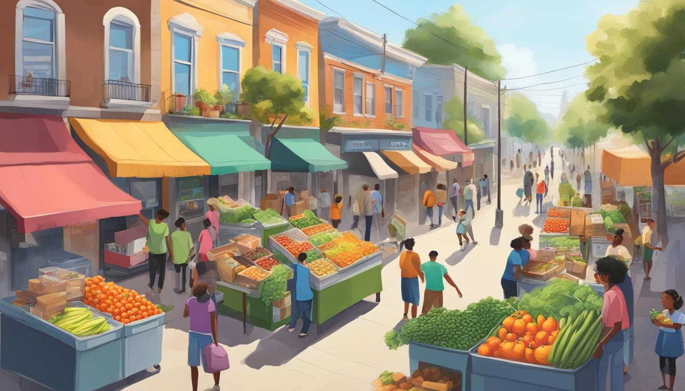 A bustling street corner with colorful community fridges filled with fresh produce and canned goods, surrounded by locals donating and taking items