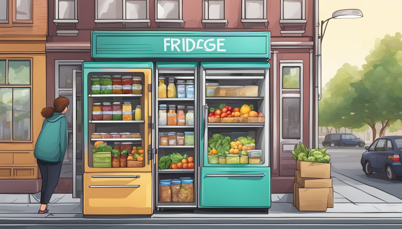 A colorful community fridge stands on a busy street corner, filled with neatly organized shelves of fresh produce, dairy products, and canned goods