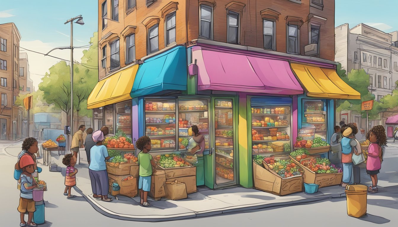 A bustling street corner with a colorful, graffiti-covered refrigerator filled with various food items. People of all ages and backgrounds stop by to contribute or take what they need