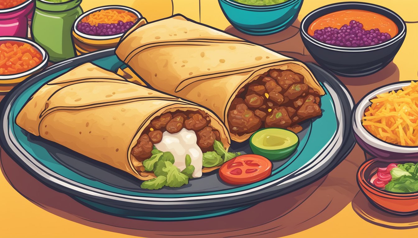 A sizzling beef and cheese chimichanga sits on a colorful plate, surrounded by vibrant toppings and sauces, ready to be enjoyed