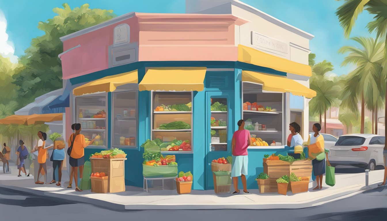 A bustling street corner in Fort Lauderdale, with a colorful community fridge adorned with artwork and filled with fresh produce and pantry items