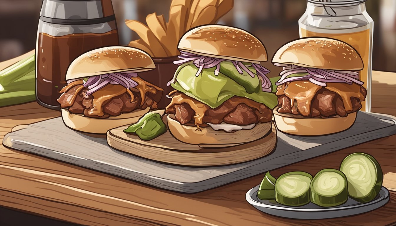 A plate of BBQ pork sliders sits on a wooden cutting board, surrounded by pickles and coleslaw. The sliders are topped with a tangy barbecue sauce and served on soft, toasted buns