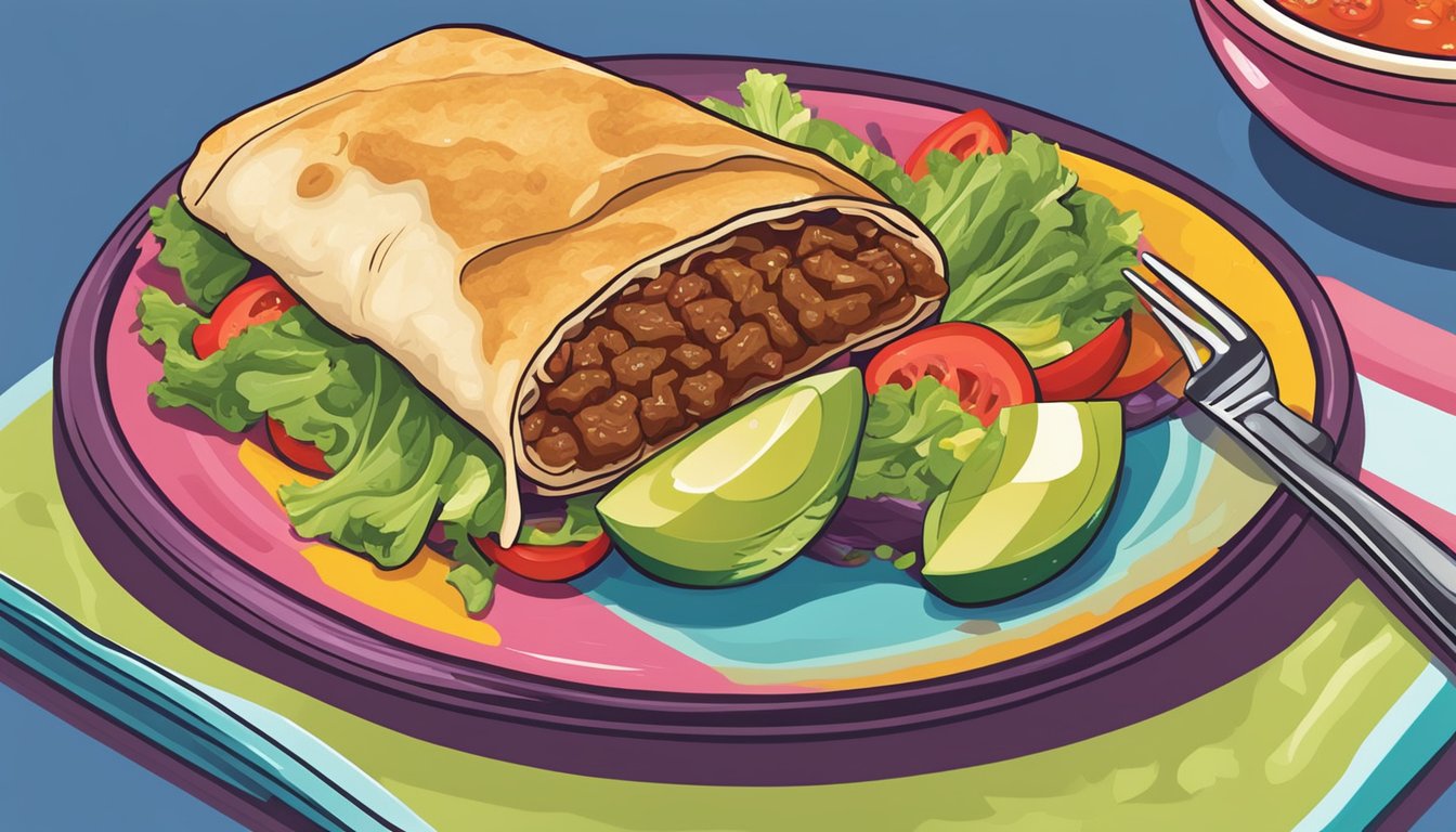 A sizzling beef and cheese chimichanga sits on a colorful plate, surrounded by vibrant ingredients like lettuce, tomatoes, and avocado. A fork and knife are nearby, ready to dig in