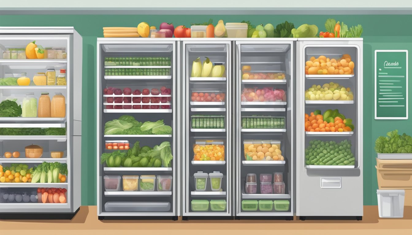 A well-organized community fridge with labeled shelves and bins, regularly cleaned and stocked with fresh produce and packaged goods