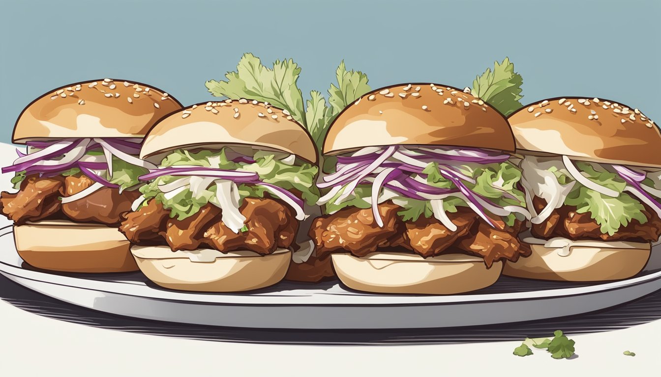 A plate of BBQ pork sliders sits on a clean, white surface. The sliders are topped with crispy coleslaw and surrounded by fresh garnishes