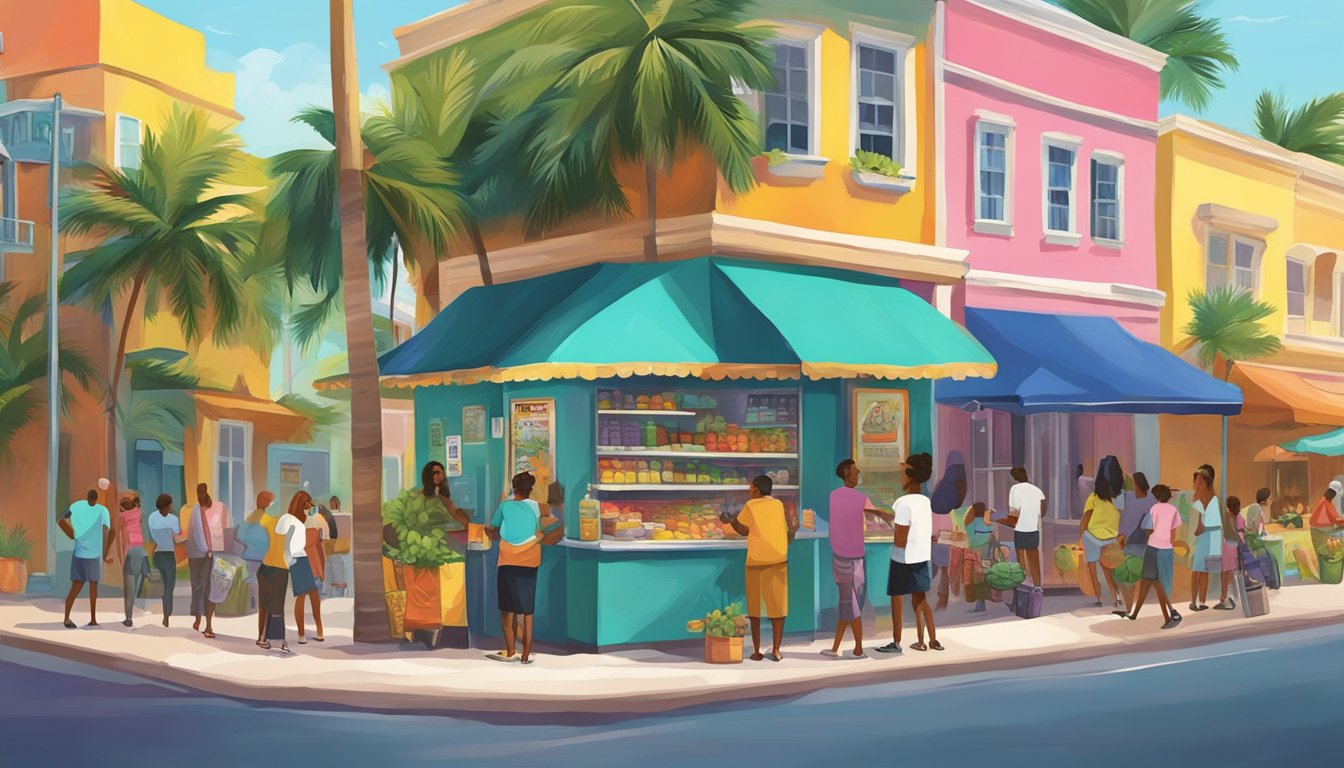 A street corner in Fort Lauderdale, Florida, with a colorful, decorated community fridge surrounded by people exchanging food and goods