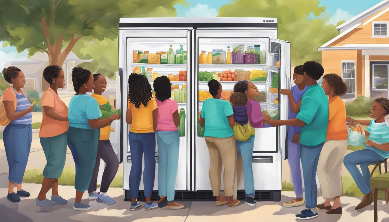 People of all ages and backgrounds gather around a brightly colored community fridge, exchanging food and stories of impact in Augusta, GA