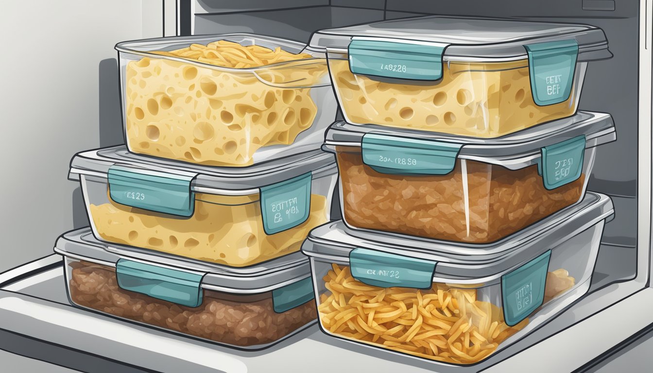 A stack of beef and cheese chimichangas in airtight containers, labeled with the date, stored in a refrigerator