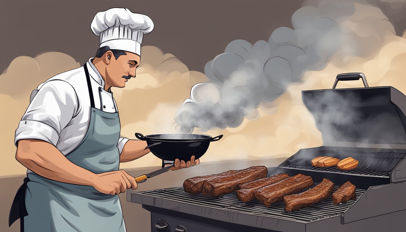 A chef carefully monitors a grill while cooking BBQ ribs, using a meat thermometer to check for doneness. Smoke billows from the grill, adding to the atmosphere