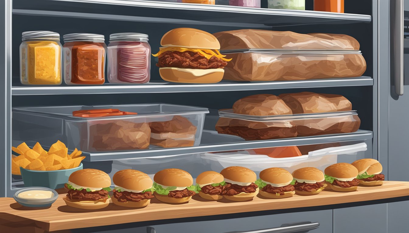 A plate of BBQ pork sliders sits on a wooden cutting board, covered in plastic wrap. A refrigerator door is open in the background, with various condiments and ingredients visible on the shelves