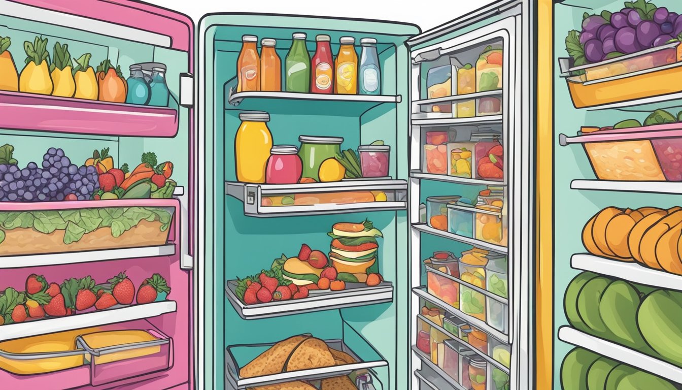 A person placing food inside a colorful, decorated community fridge in Fort Lauderdale, Florida