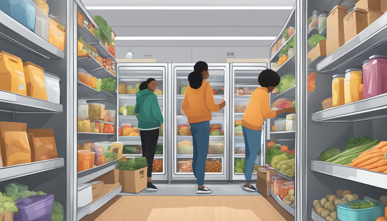 A person placing food items in a public refrigerator in a community space, surrounded by a diverse array of donated goods