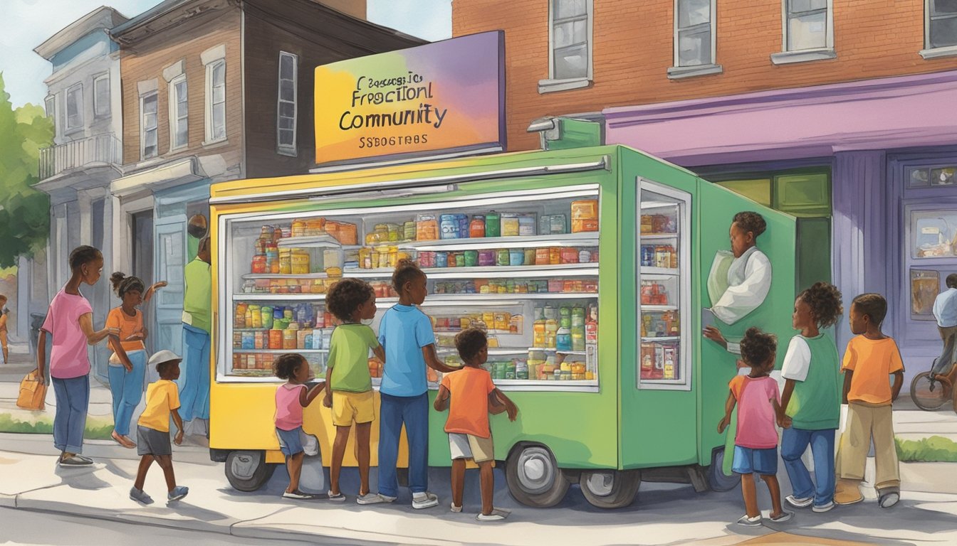 A colorful community fridge stands amidst a bustling street, surrounded by children playing and adults chatting. A nearby sign advertises educational programs and art initiatives in Augusta, GA