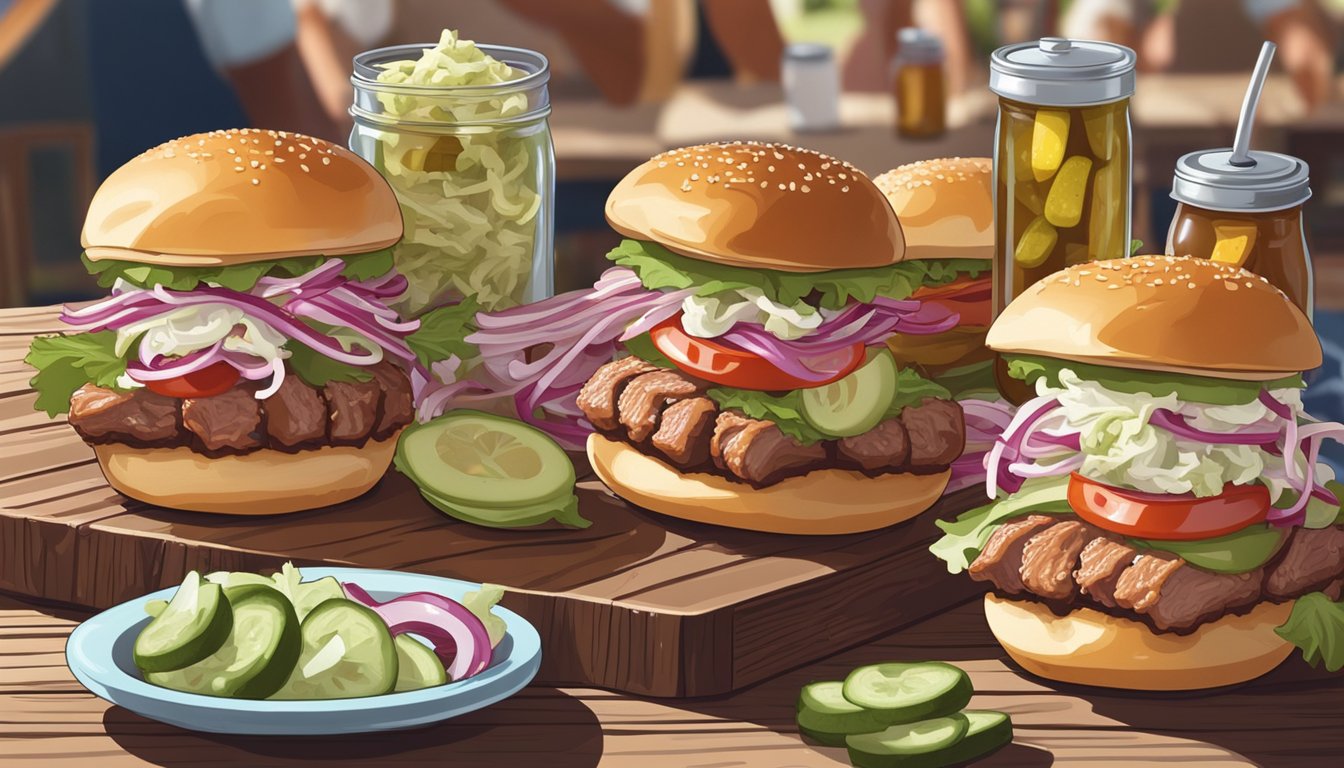 A platter of BBQ pork sliders with a side of coleslaw and pickles, sitting on a wooden picnic table