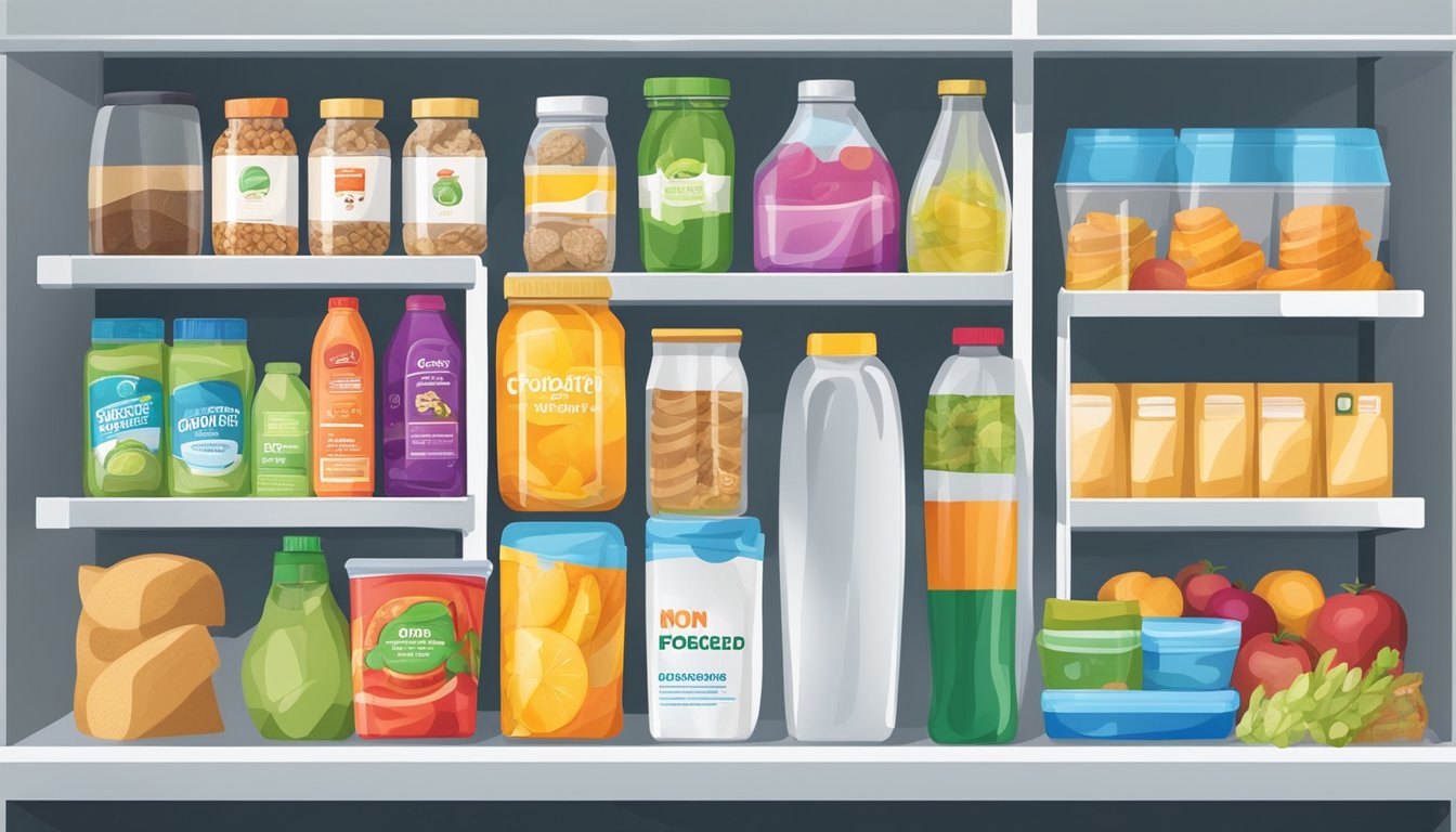 A variety of non-perishable food items and hygiene products neatly organized inside a brightly colored community fridge in Fort Lauderdale, FL