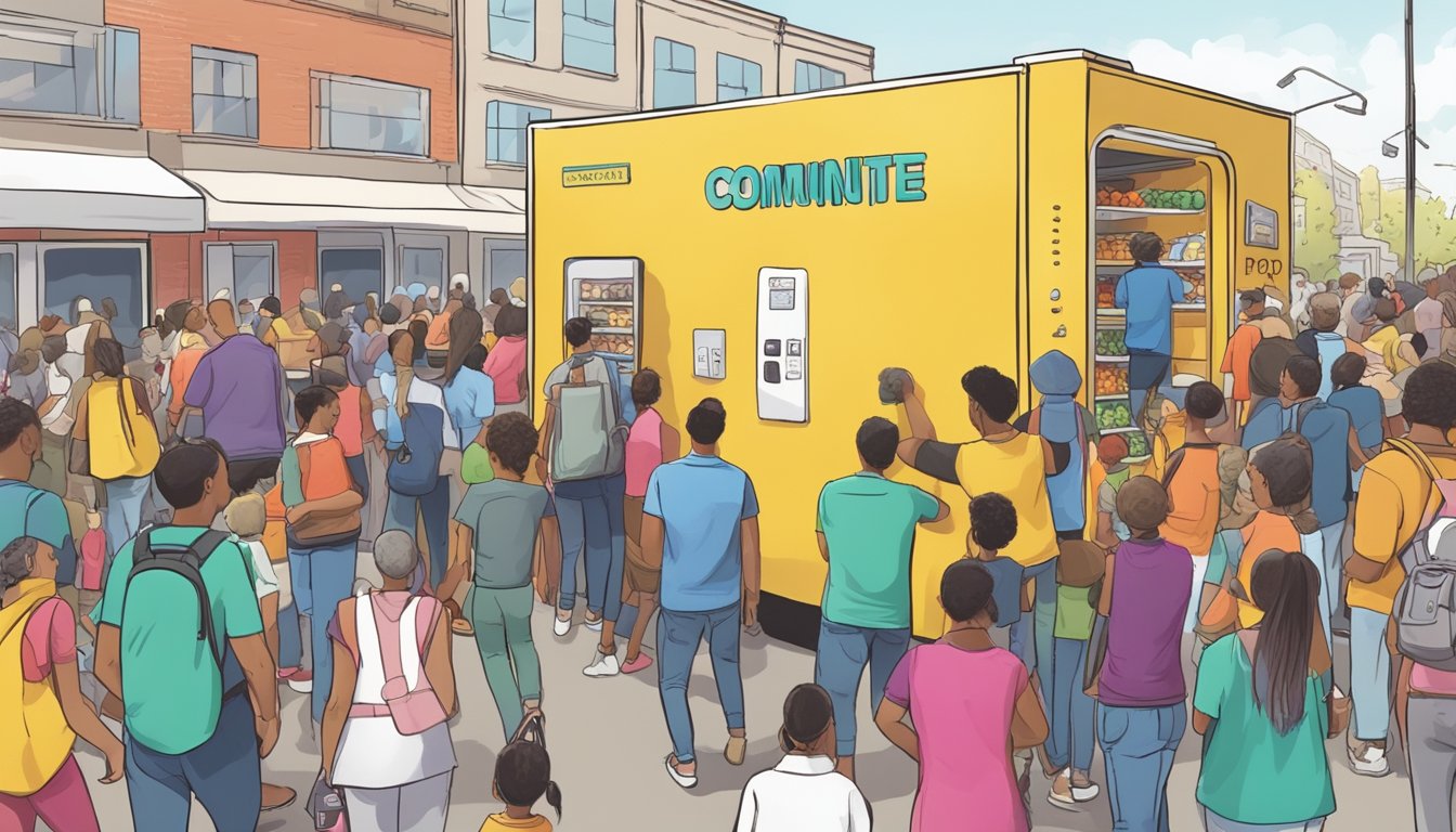 A colorful community fridge surrounded by bustling activity, with people stopping to donate and others gathering to receive items. Media cameras capture the scene