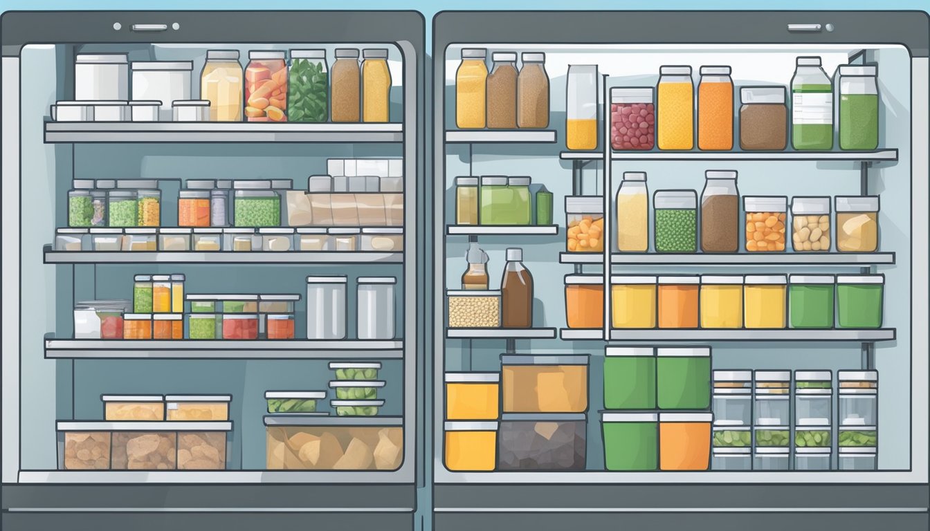 A clean and organized community fridge in Fort Lauderdale, FL, with labeled shelves and containers for food safety and hygiene