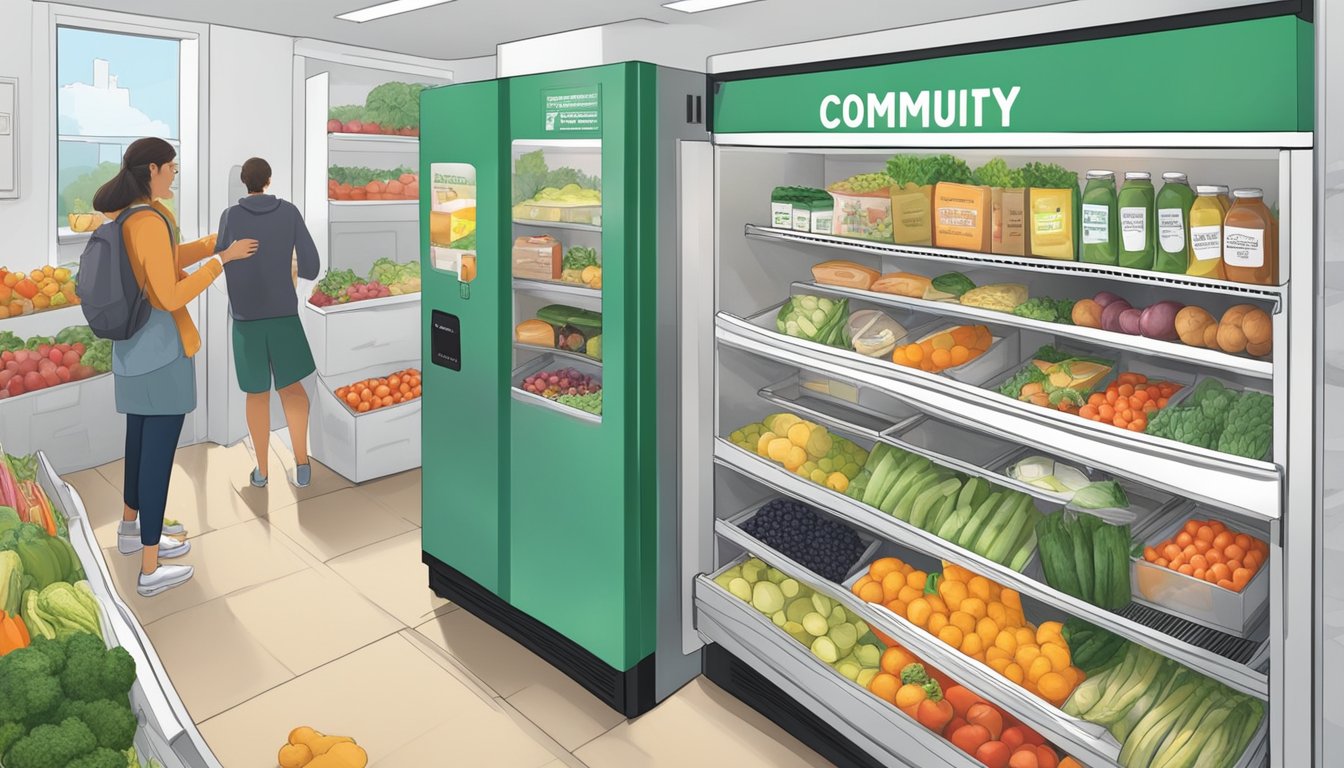 The Community Fridge is filled with fresh produce and packaged goods, with people carefully taking what they need