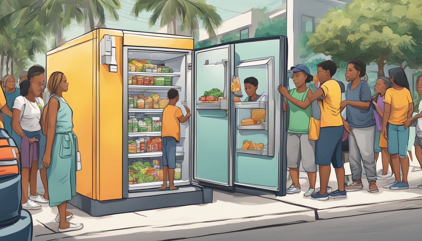 A bustling community fridge surrounded by people donating and taking food in Fort Lauderdale, FL