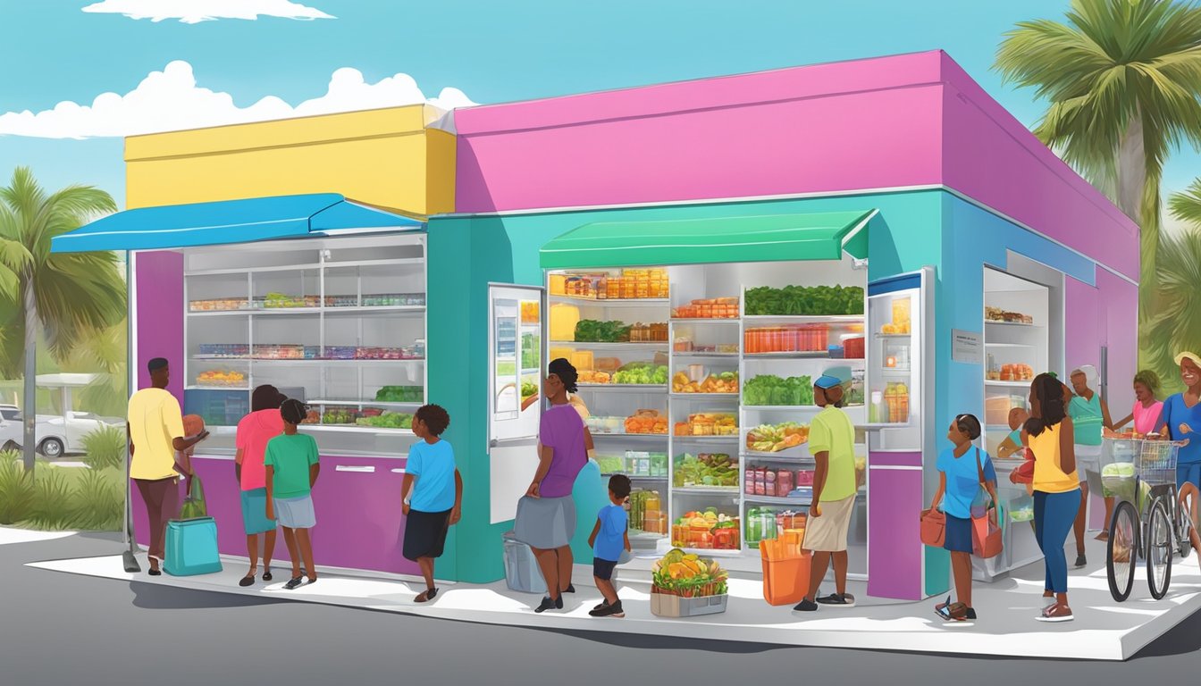 A colorful local community fridge surrounded by people accessing and donating food in Port St. Lucie, FL