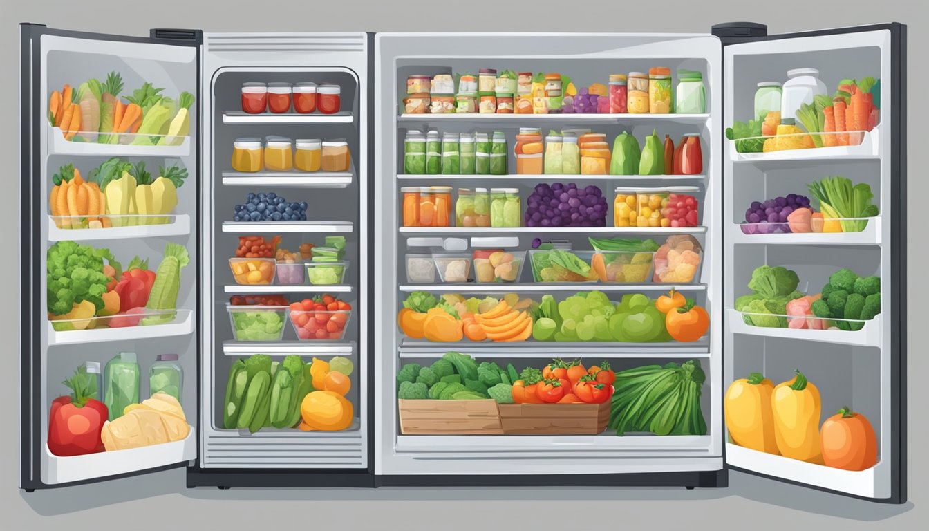 A colorful community fridge with fresh produce and a diverse array of food items, surrounded by smiling faces and a bustling atmosphere